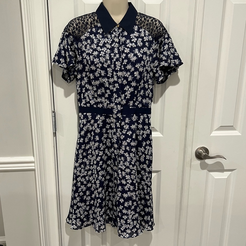Draper James cloister navy floral shirt dress silk and fully lined Sz 6